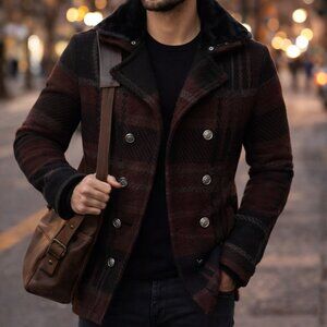 LCR Cardigan Plaid w/Fur Collar Black/Burgandy, Size M